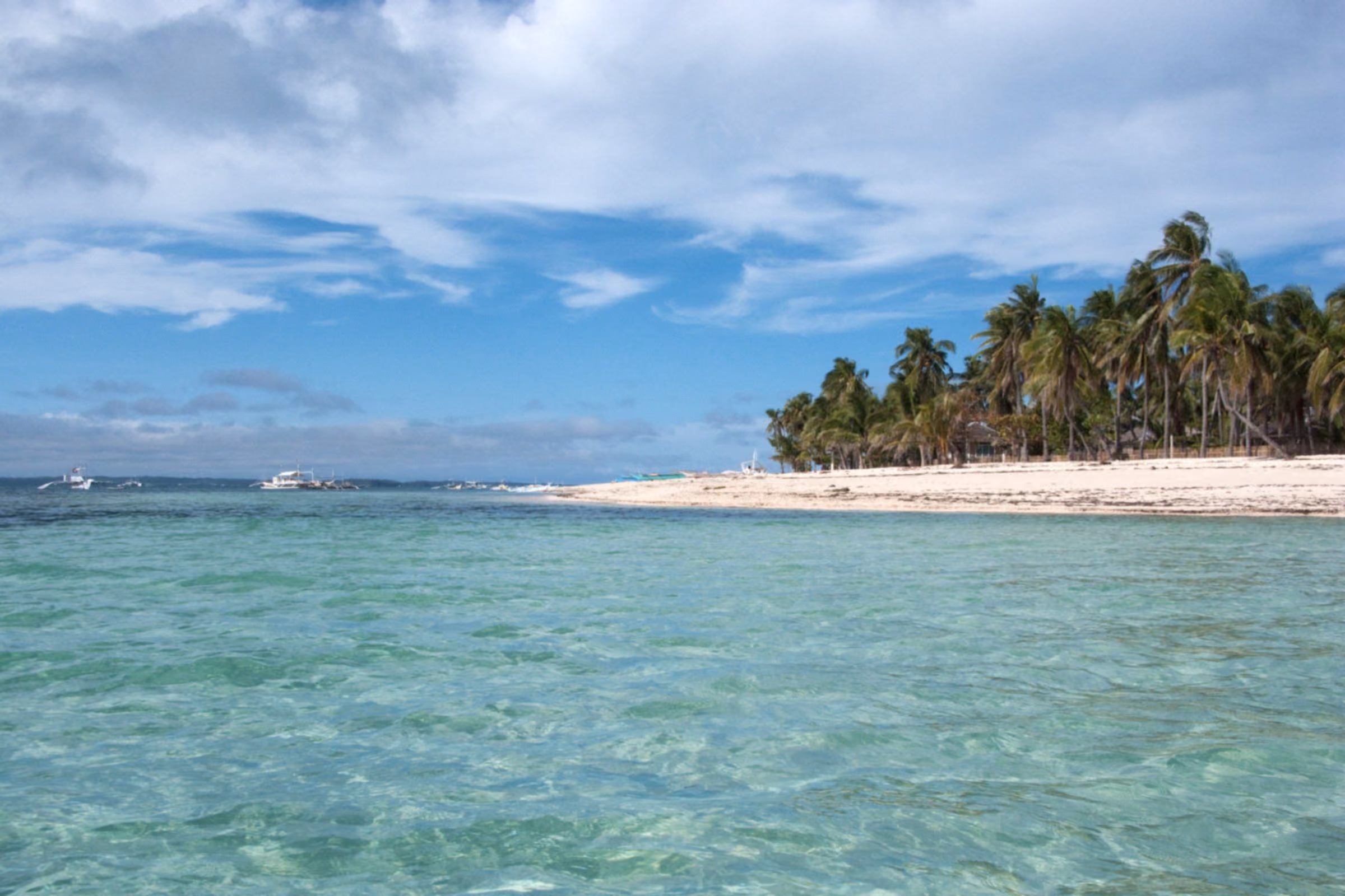 Clear turquoise shallows off Malapascua Island, with a white sand beach and a line of coconut palms under a blue sky.