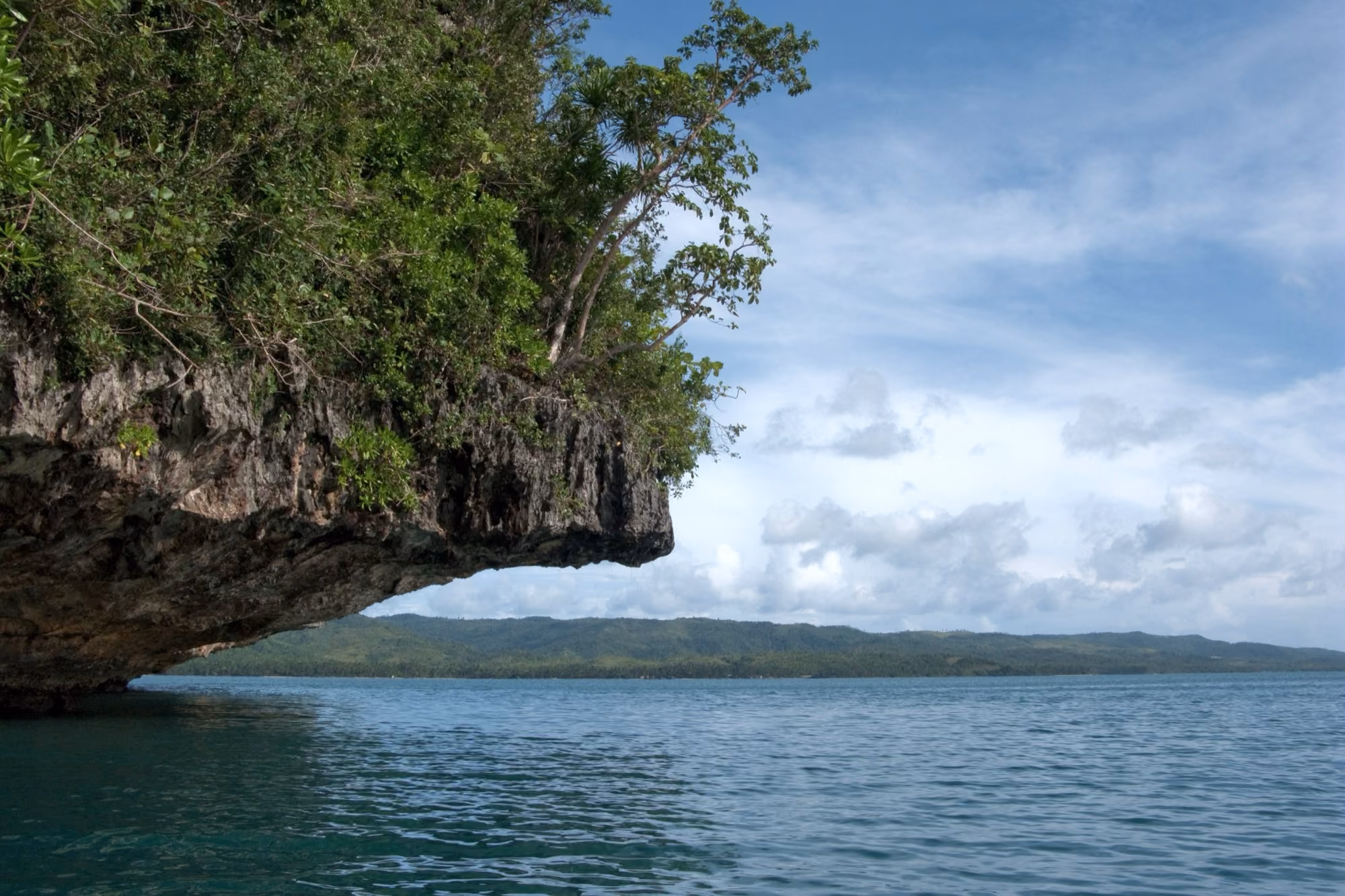 A limestone cliff overhanging the sea in San Pedro Bay near Marabut, Samar, with a green shore on the horizon.