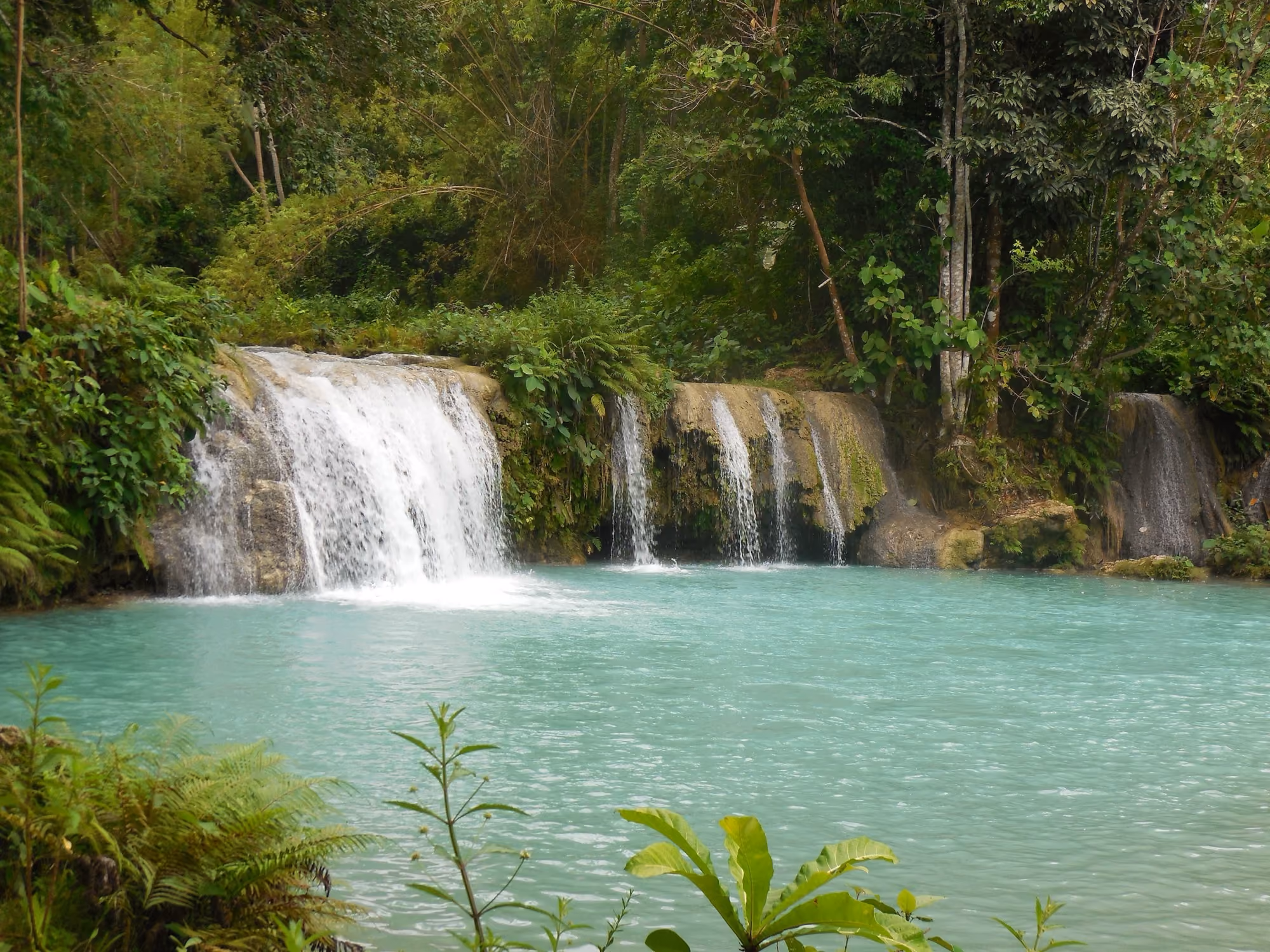 Cambugahay Falls on Siquijor: a stepped waterfall falling into a turquoise pool, framed by green forest.